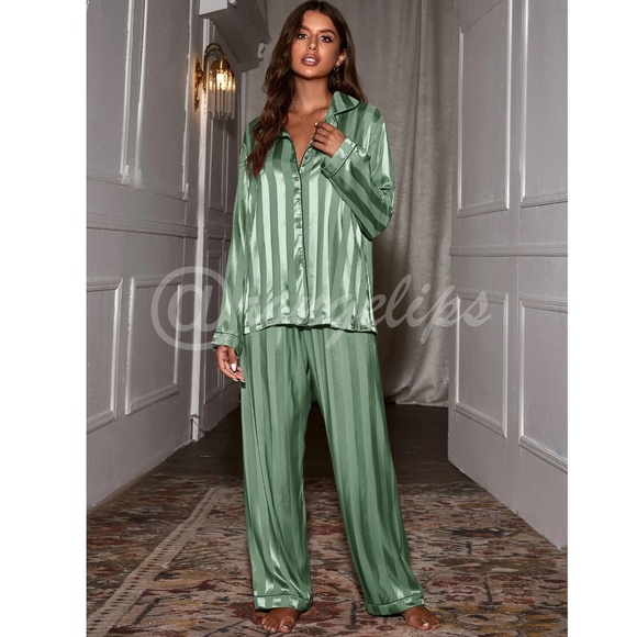Satin Green Striped Women's Pajamas Pants Shirt Set - Picture 2 of 12